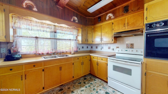 kitchen featuring backsplash, oven, wood ceiling, sink, and white electric stove