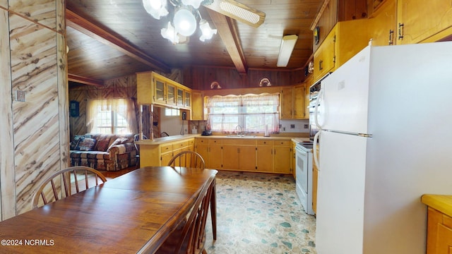 kitchen featuring wooden walls, white appliances, wood ceiling, and plenty of natural light