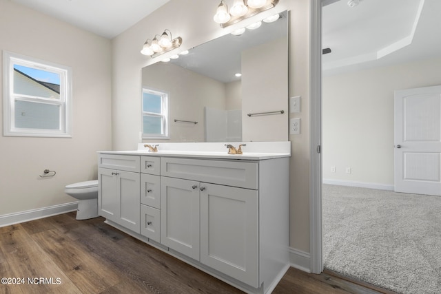 bathroom featuring hardwood / wood-style flooring, vanity, and toilet