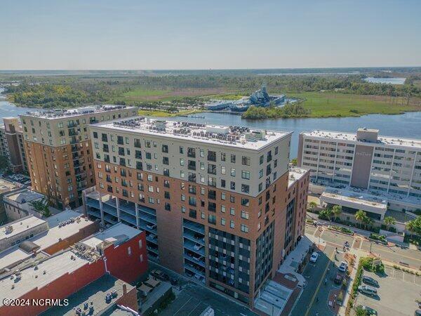 drone / aerial view with a water view