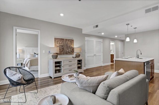 living room with dark hardwood / wood-style floors and sink