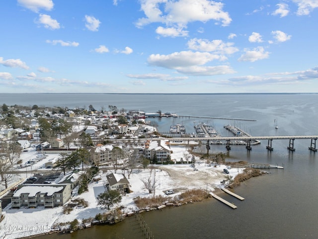 drone / aerial view featuring a water view