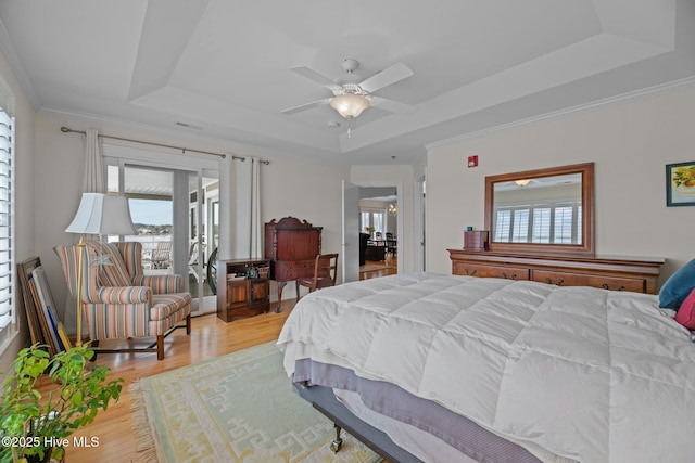 bedroom featuring light hardwood / wood-style flooring, ceiling fan, and a tray ceiling