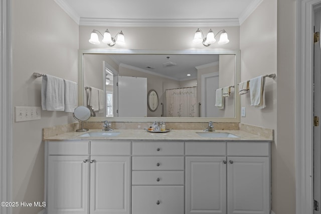 bathroom with vanity, ornamental molding, and walk in shower