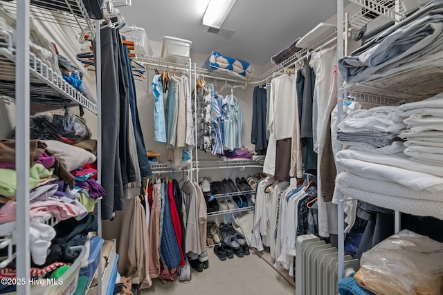 walk in closet with carpet flooring and radiator heating unit