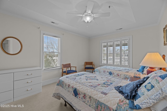 bedroom with light carpet, crown molding, and ceiling fan