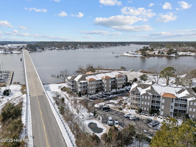 aerial view featuring a water view