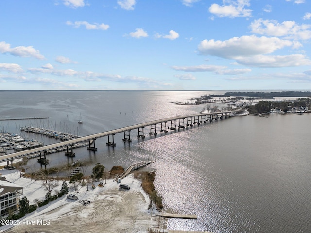 drone / aerial view with a water view