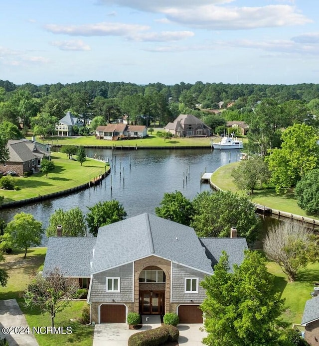 aerial view featuring a water view