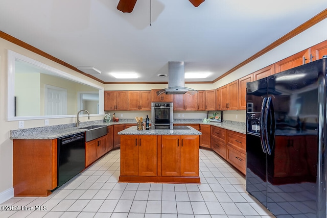 kitchen with sink, crown molding, island range hood, black appliances, and a kitchen island