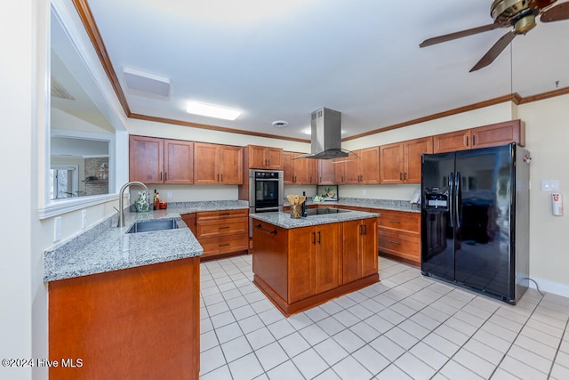 kitchen with sink, island range hood, ornamental molding, a kitchen island, and black appliances