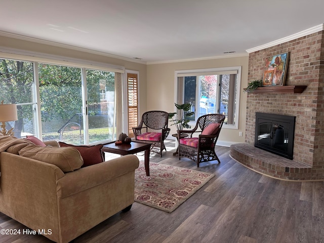 living room with dark wood-type flooring, ornamental molding, and a healthy amount of sunlight