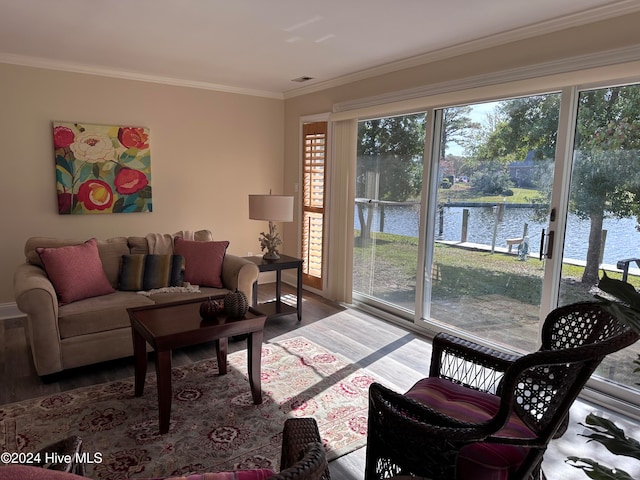 living room with hardwood / wood-style flooring, crown molding, a water view, and plenty of natural light