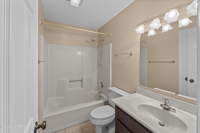 full bathroom featuring vanity,  shower combination, tile patterned floors, and toilet