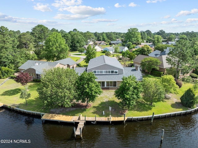 drone / aerial view featuring a water view