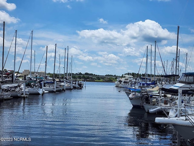 view of dock with a water view