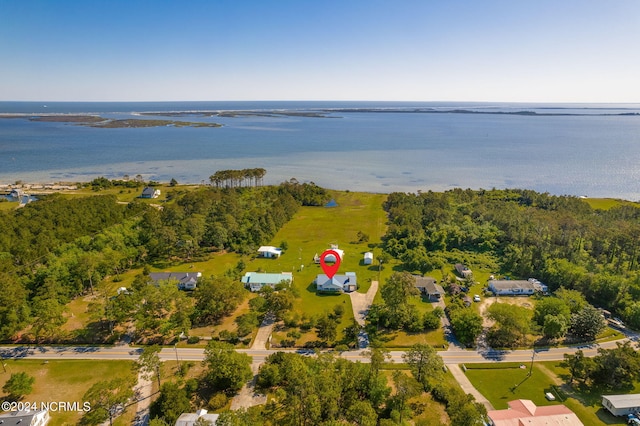 birds eye view of property featuring a water view and a view of trees