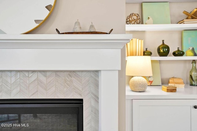 room details with a tiled fireplace