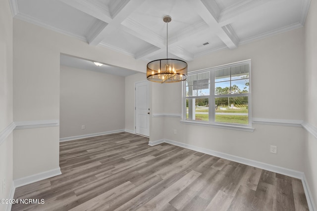 200 Slater Way, Jacksonville, NC 28540 - unfurnished dining area with coffered ceiling, a chandelier, wood finished floors, beamed ceiling, and baseboards