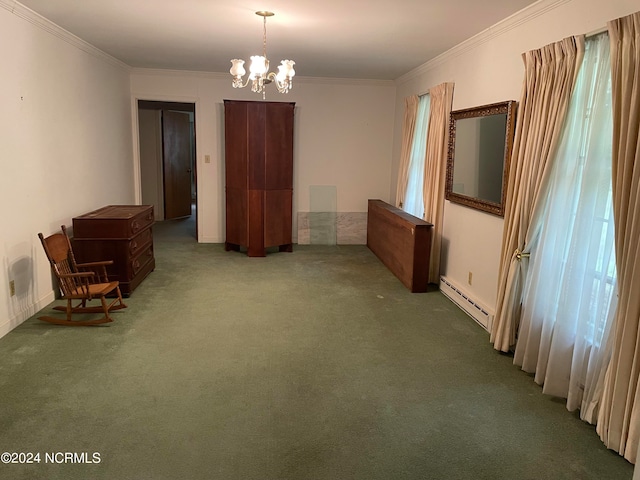 carpeted empty room with ornamental molding, baseboard heating, and a notable chandelier