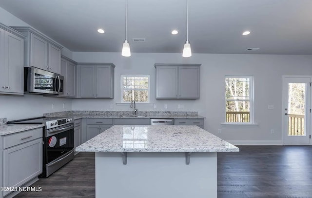 1430 Mona Passage Ct, New Bern, NC 28560 - kitchen featuring stainless steel appliances, gray cabinetry, a sink, healthy amount of natural light, and recessed lighting