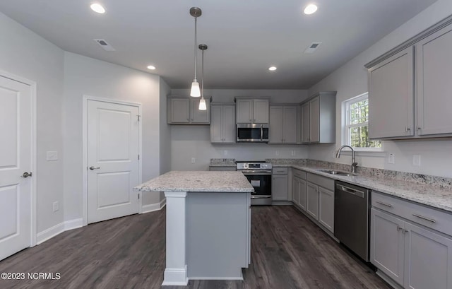 1430 Mona Passage Ct, New Bern, NC 28560 - kitchen featuring stainless steel appliances, a sink, gray cabinets, dark wood-style flooring, and recessed lighting