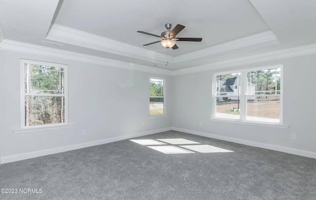 1430 Mona Passage Ct, New Bern, NC 28560 - unfurnished room featuring a tray ceiling, ornamental molding, plenty of natural light, a ceiling fan, and carpet flooring