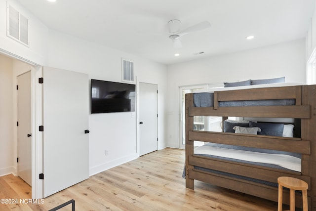 bedroom featuring ceiling fan and light wood-type flooring