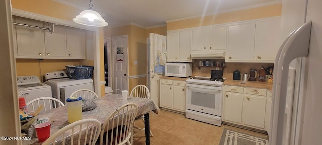 kitchen featuring ornamental molding, white appliances, decorative light fixtures, tasteful backsplash, and light tile floors