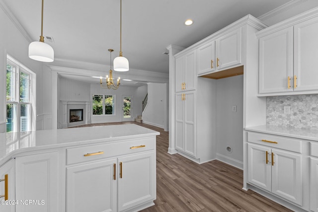 kitchen featuring decorative backsplash, a healthy amount of sunlight, a high end fireplace, and ornamental molding