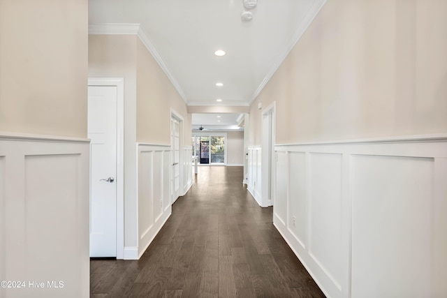 hallway featuring crown molding and dark wood-type flooring