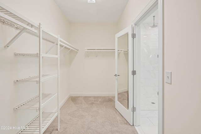 walk in closet featuring light carpet