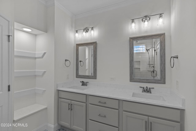 bathroom with walk in shower, vanity, and ornamental molding