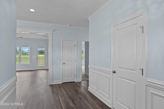 hallway featuring dark wood-type flooring and crown molding