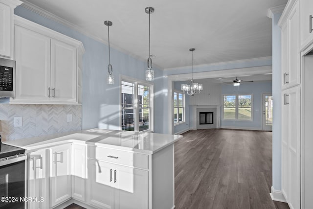 kitchen with stainless steel appliances, dark hardwood / wood-style floors, backsplash, crown molding, and white cabinets