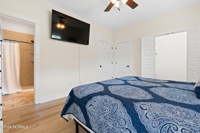 bedroom featuring wood-type flooring and ceiling fan