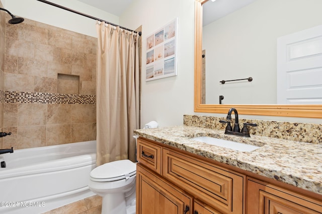 full bathroom featuring vanity, toilet, tile flooring, and shower / bath combo with shower curtain