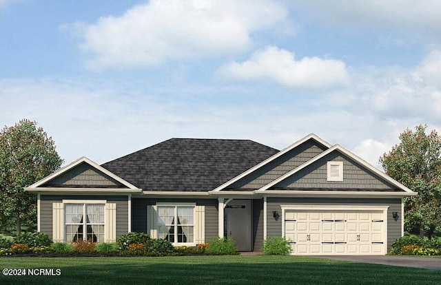 view of front of house featuring driveway, a front yard, a garage, and roof with shingles