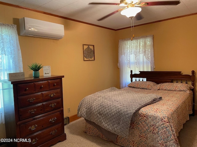 carpeted bedroom with an AC wall unit, ceiling fan, and multiple windows