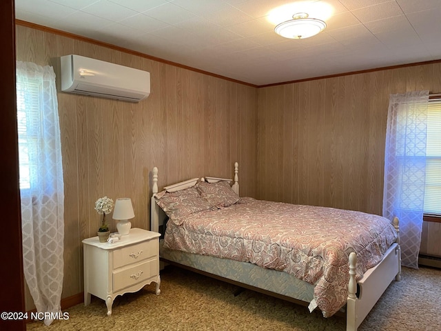 bedroom with a wall mounted air conditioner, carpet, wooden walls, and multiple windows