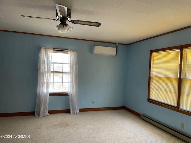 unfurnished room with a wall unit AC, carpet, ceiling fan, and baseboard heating