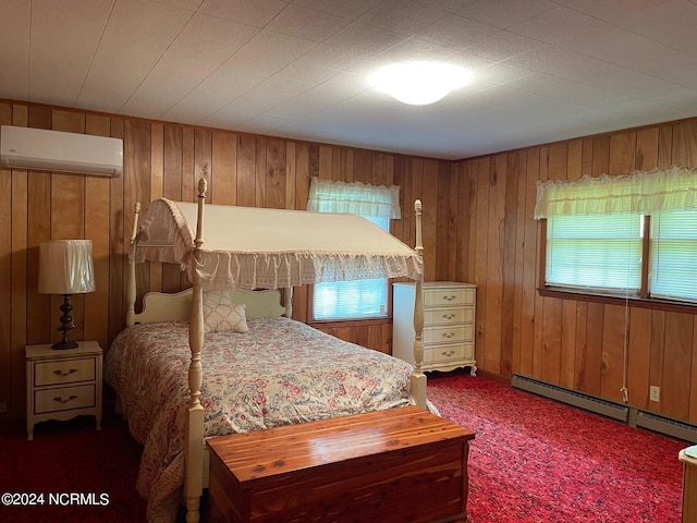 carpeted bedroom with multiple windows, a wall mounted air conditioner, and wood walls