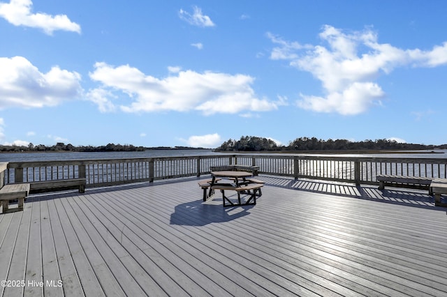 deck featuring a water view