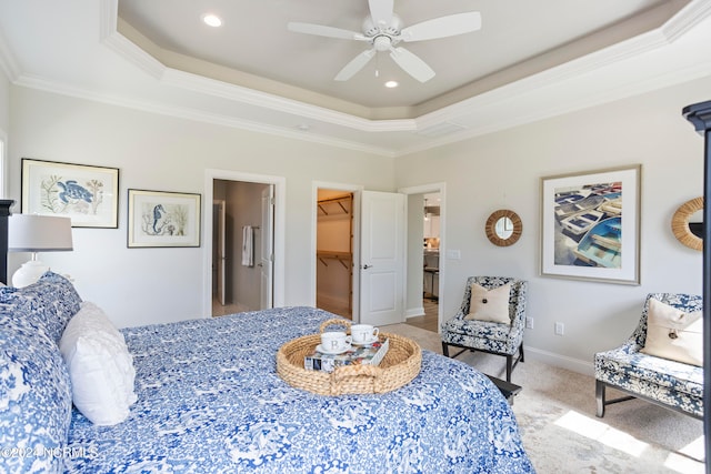 carpeted bedroom with a spacious closet, ceiling fan, a tray ceiling, and ornamental molding