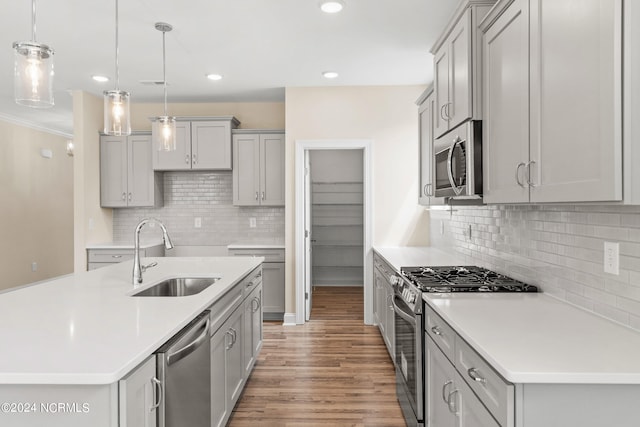 kitchen featuring a sink, light wood-type flooring, appliances with stainless steel finishes, and gray cabinets