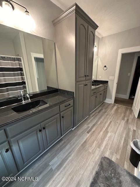 bathroom featuring vanity and hardwood / wood-style floors