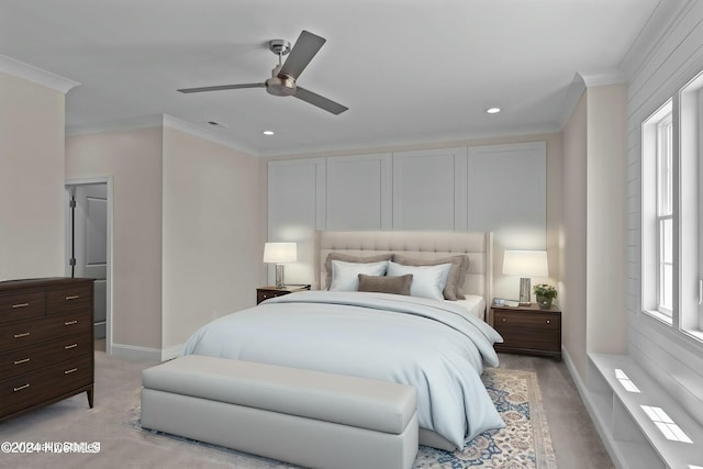 bedroom featuring light colored carpet, ceiling fan, and crown molding