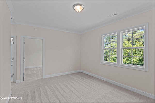 spare room with light carpet and ornamental molding