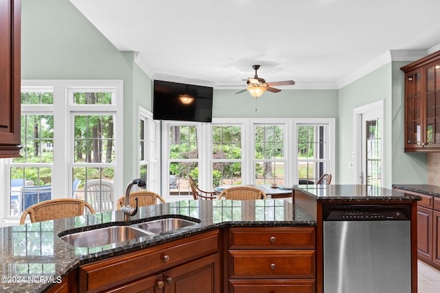 kitchen featuring plenty of natural light, sink, stainless steel dishwasher, and dark stone countertops