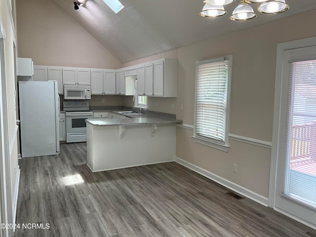 kitchen featuring dark hardwood / wood-style flooring, white appliances, white cabinets, kitchen peninsula, and sink